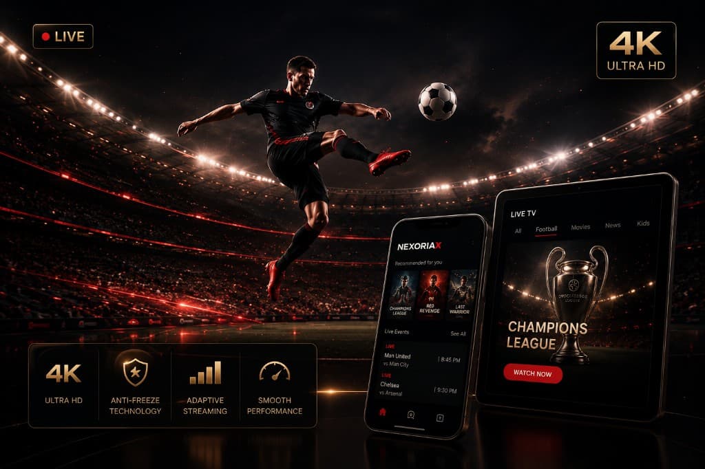 Crystal-clear 4K IPTV streaming with live sports and premium entertainment on NexoriaX